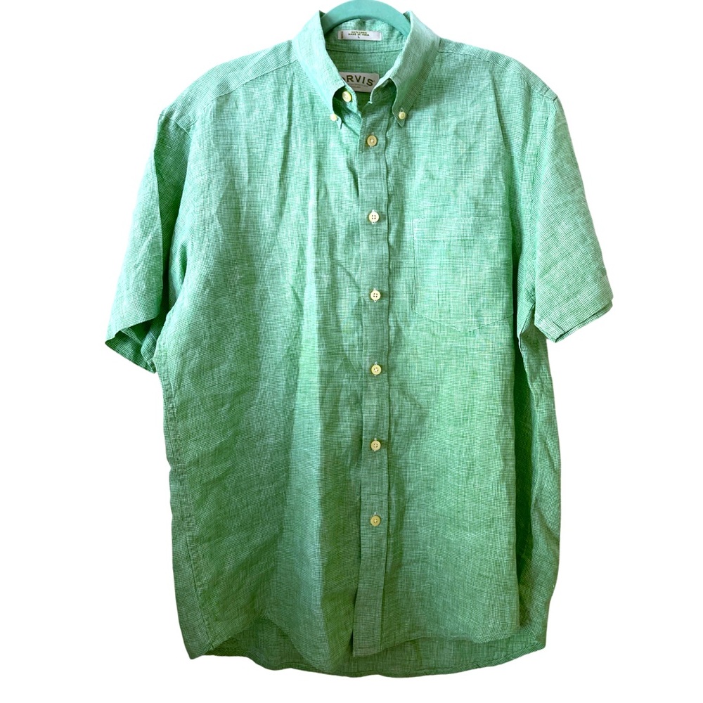 Orvis 100% Linen green houndstooth short-sleeved button down shirt